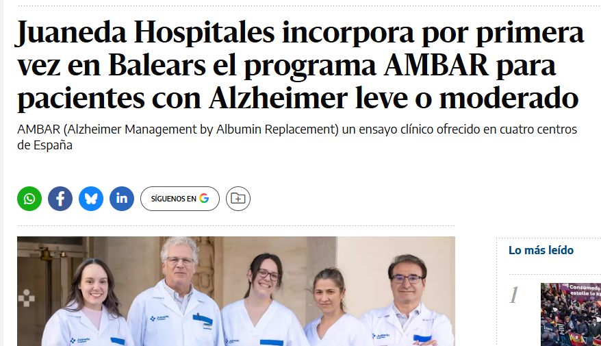 Juaneda Hospitales incorpora por primera vez en Balears el programa AMBAR para pacientes con Alzheimer leve o moderado Juaneda