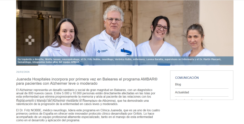 Juaneda Hospitales incorpora por primera vez en Baleares el programa AMBAR® para pacientes con Alzheimer leve o moderado Juaneda