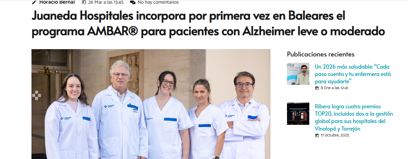 Juaneda Juaneda Hospitales incorpora por primera vez en Baleares el programa AMBAR® para pacientes con Alzheimer leve o moderado