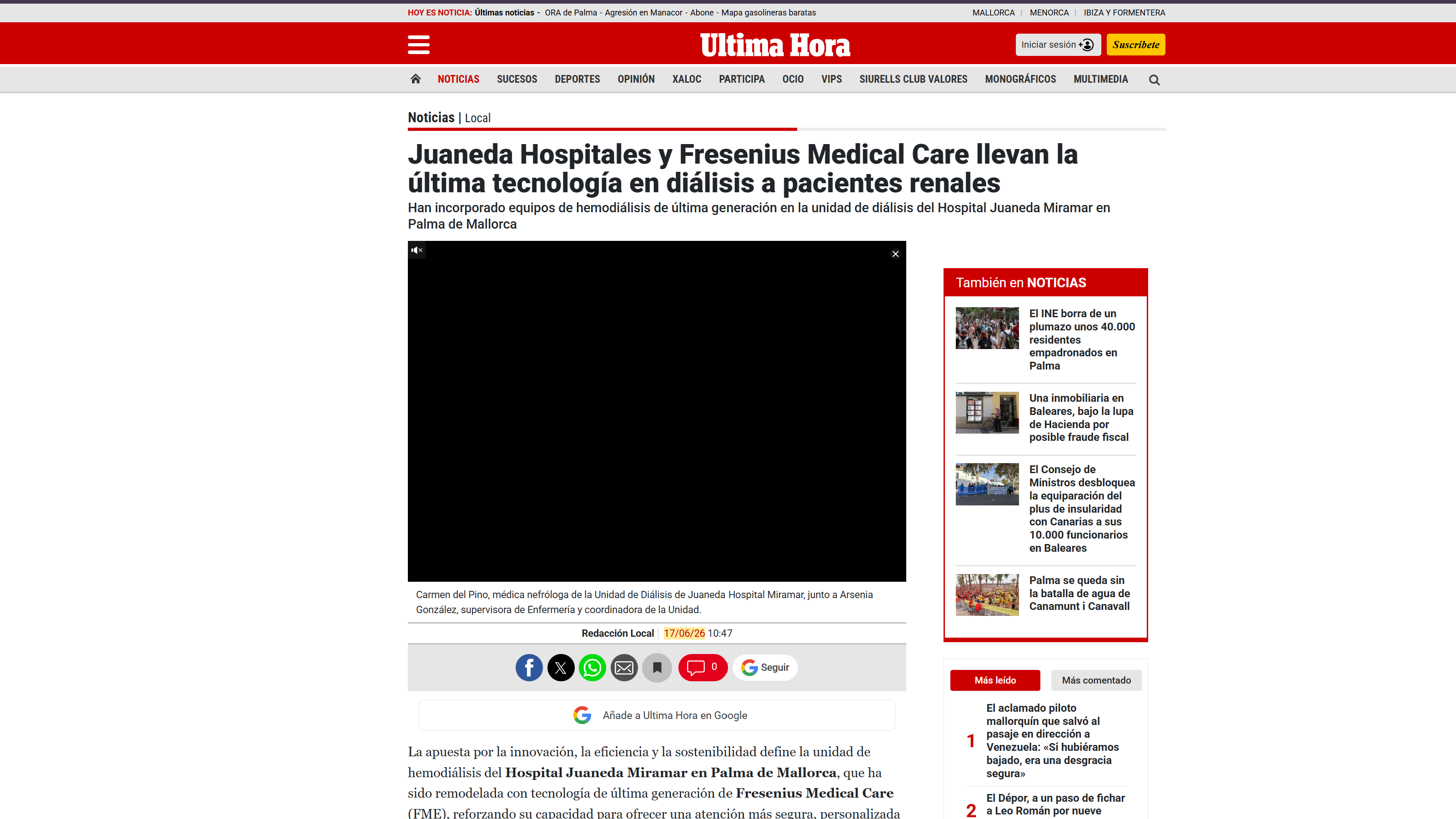 Juaneda Juaneda Hospitales y Fresenius Medical Care llevan la última tecnología en diálisis a pacientes renales