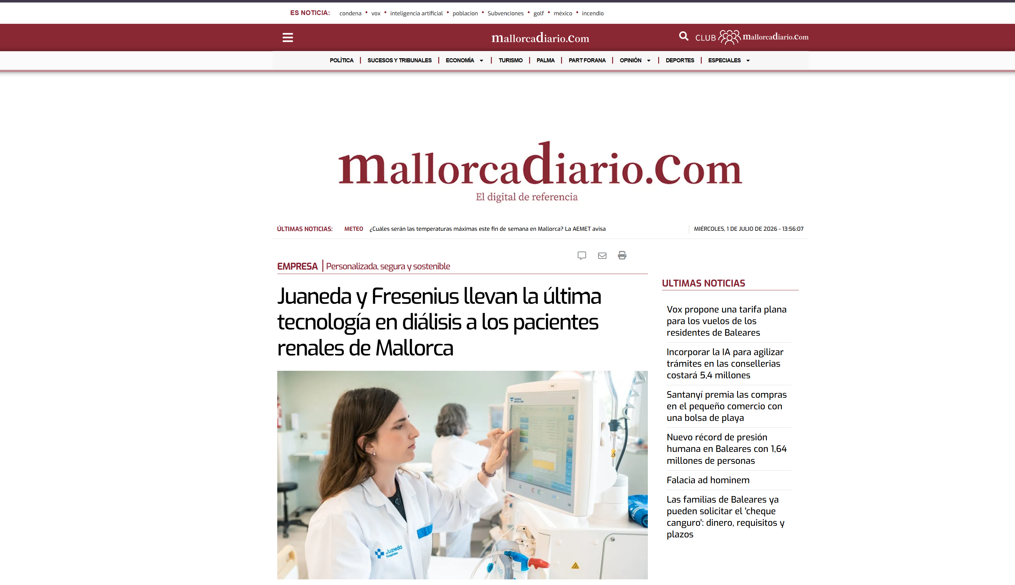 Juaneda Juaneda y Fresenius llevan la última tecnología en diálisis a los pacientes renales de Mallorca