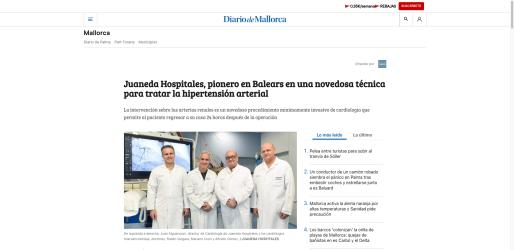 Juaneda Juaneda Hospitales, pionero en Balears en una novedosa técnica para tratar la hipertensión arterial