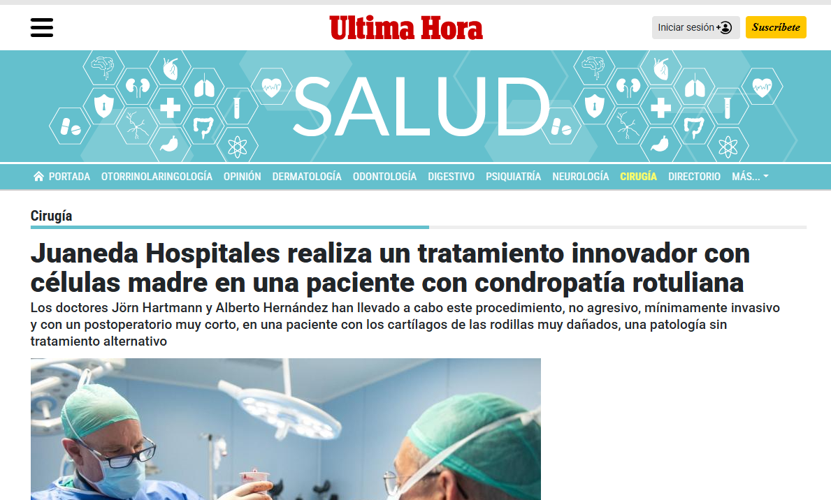 Juaneda Juaneda Hospitales realiza un tratamiento innovador con células madre en una paciente con condropatía rotuliana