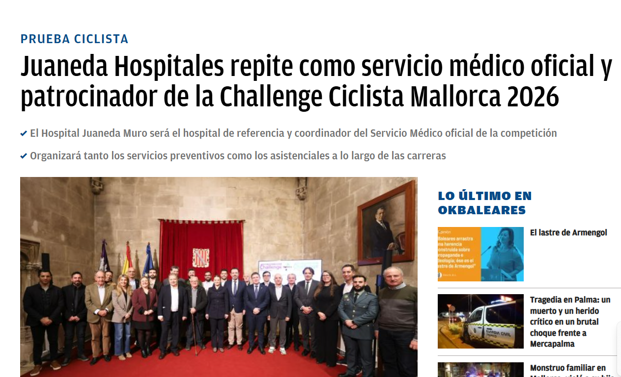 Juaneda Juaneda Hospitales repite como servicio médico oficial y patrocinador de la Challenge Ciclista Mallorca 2026