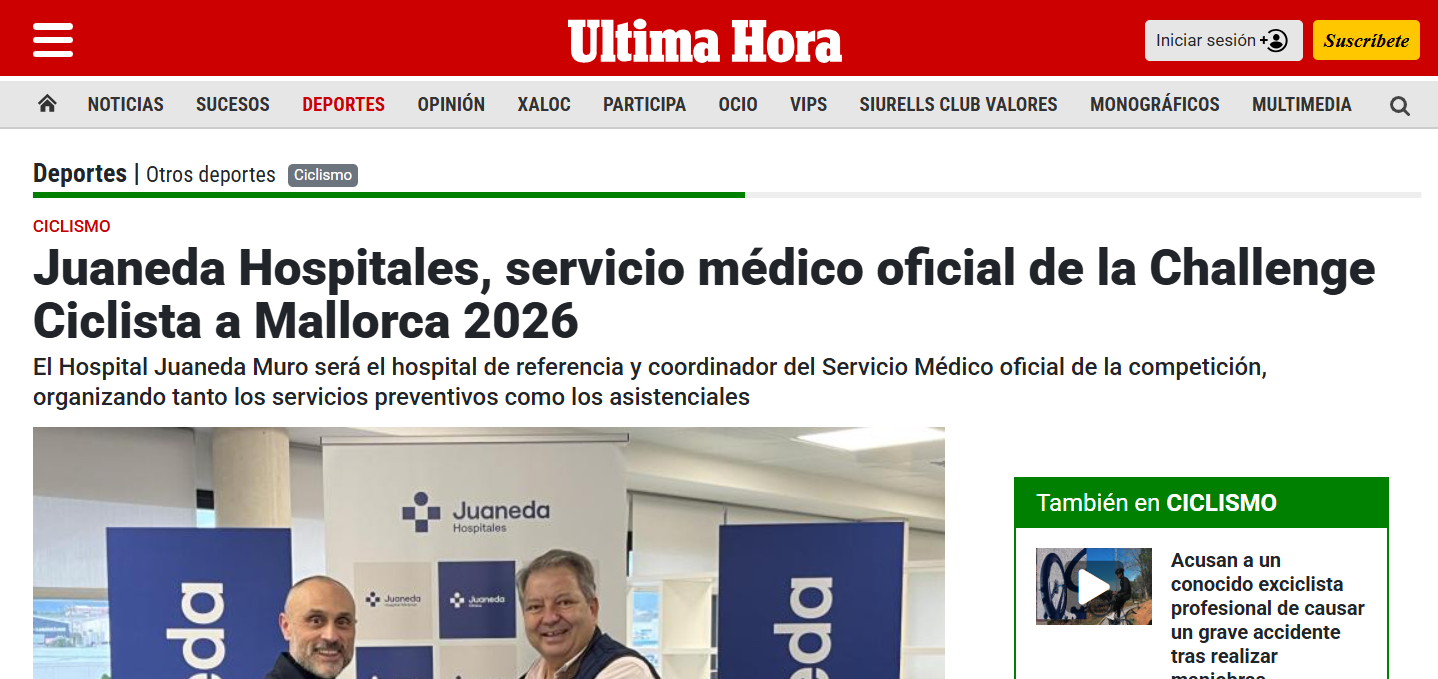 Juaneda Juaneda Hospitales, servicio médico oficial de la Challenge Ciclista a Mallorca 2026