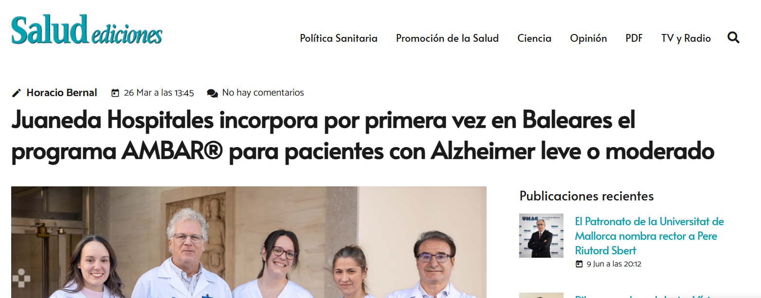 Juaneda Juaneda Hospitales incorpora por primera vez en Baleares el programa AMBAR® para pacientes con Alzheimer leve o moderado