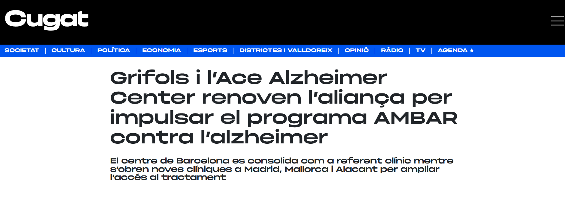 Juaneda Grifols i l’Ace Alzheimer Center renoven l’aliança per impulsar el programa AMBAR contra l’alzheimer